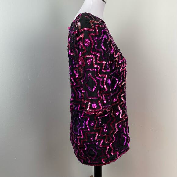 Vintage Silk & Sequin Short Sleeve Party Blouse Medium Cocktail NYE - Picture 4 of 8